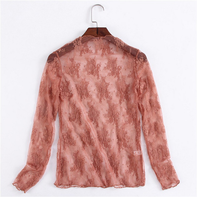 [별별천지] 여성 긴팔티 레이스 쉬폰 시스루 망사 꽃무늬 블라우스 셔츠 목폴라 레이어드 가을 겨울