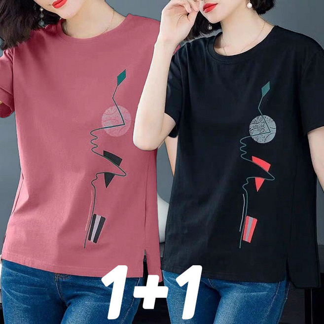 1+1 중년여성 반팔티 프린팅 루즈핏 엄마옷 라운드넥 반팔 티셔츠 상의 4050대 여름옷