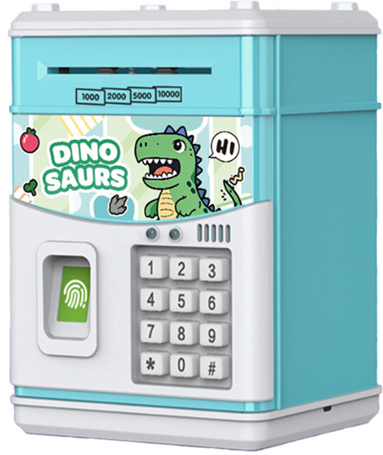 fooi NEW 지문인식 사운드 ATM 저금통 지폐 저금통 미니금고 5시전 당일발송, 1개, 블루 공룡