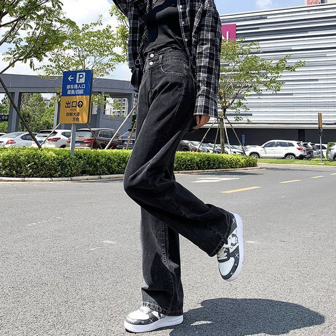 寬鬆高腰牛仔褲 直筒長褲 女生休閒褲