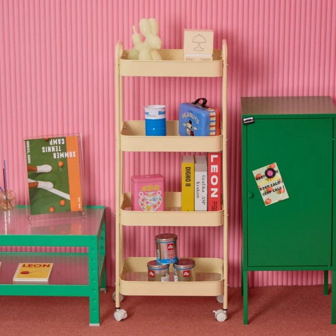 비아베네또 이동식 트롤리 틈새 선반 수납 철제 바퀴 미니 트롤리 3단, 버터, 4단