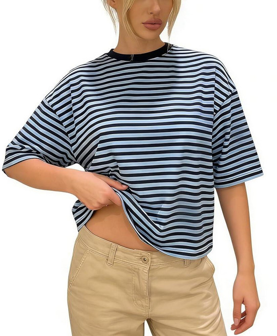Awoscut Womens Oversized Summer Striped T Shirts 3/4 Sleeve Crew Neck Casual Loose Y2k Tops Blouse, Awoscut Womens Oversized Summe