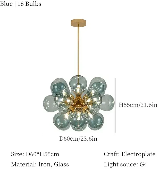 현대 패션 유리 버블 다채로운 샹들리에 창조적 인 북유럽 장식 침실 레스토랑 바 상점 조명, 03 Blue, 03 Neutral Light, 02 Golden Lampbody
