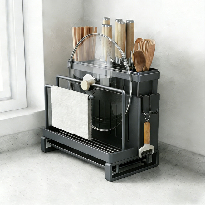 WHH 주방 올인원 칼꽂이 스테인리스 칼꽂이 수저통 4 in 1, 1개, 블랙