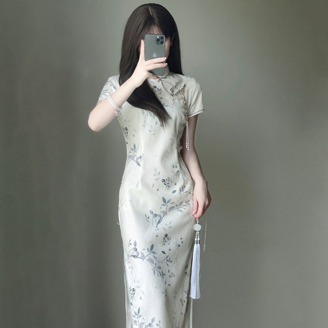 DFMEI 夏季新中式收腰高開叉中長款連衣裙女短袖印花新款改良旗袍裙