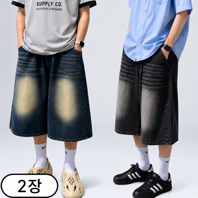 [1+1] 남자 사이드턱 데님 반바지 와이드 버뮤다 팬츠 (6758-2)
