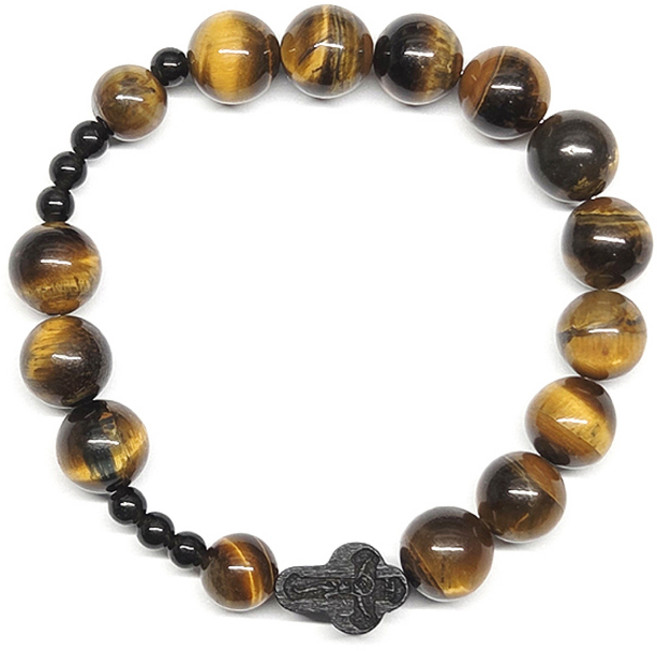 지홍 천연 원석 호안석 흑요석 우드 십자가 묵주 팔찌 10mm 재물운 성공운 부적 염주