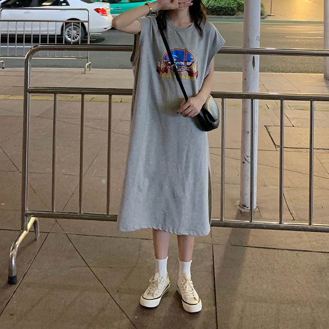 梨卡 無袖棉質長版洋裝 顯瘦休閒風 灰色 均碼, 灰色,均碼  -現貨馬上出貨