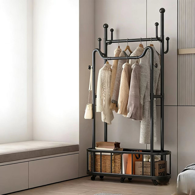 ANYOU 다용도 행거 가정용 간이 침실 스탠드 행거 이동식 침대 끝부분 행거 옷걸이, 블랙