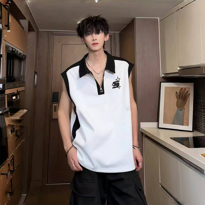 TKX 남성 무지 오버핏 슬리브리스 티셔츠 반집업 카라넥 배색 디자인 캐주얼 트렌디 여름 스포츠룩