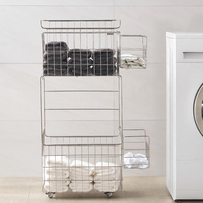 [풀세트 업그레이드] 퓨어셀 프리미엄 304 올스텐 이동식 대용량 세탁 빨래바구니 대형 2단+보조 바구니 2개, 이동식 빨래바구니_2단 풀세트(대형)