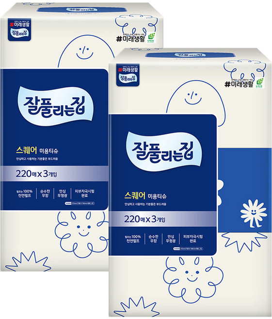 잘풀리는집 스퀘어 미용티슈 220매 3입 2개, 3매입
