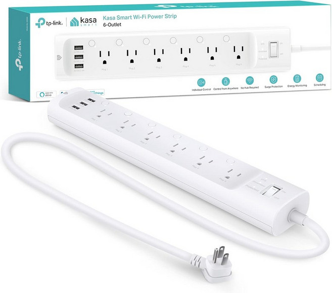 카사 스마트 플러그 전원 스트립 HS300 6개의 개별 제어 콘센트와 3개의 USB 포트가 있는 서지 프로텍터 알렉사 및 구글 홈과 호환되며 허브 필요 없음, 6 Outlets