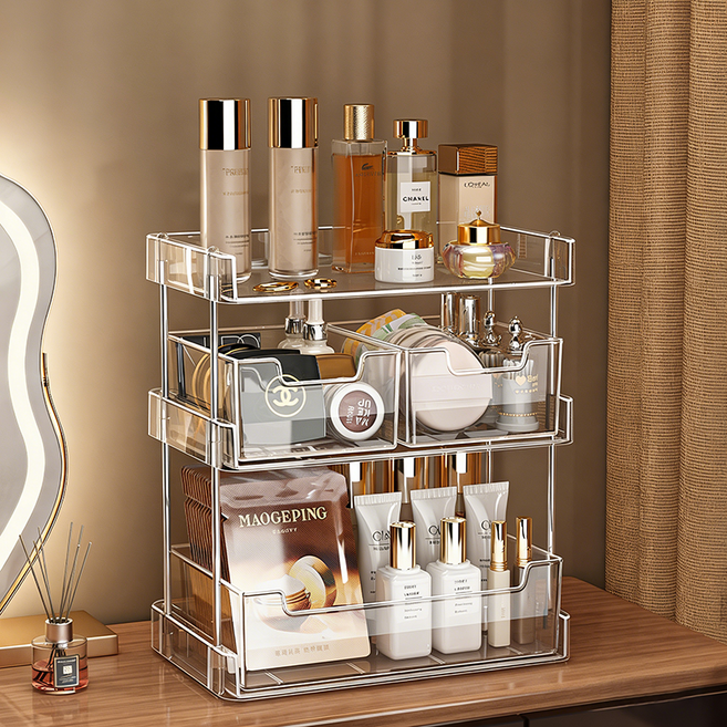 콜콜러브 3단 대용량 투명 화장품 정리함 서랍식 다용도 수납선반 화장대 정리대, 1개