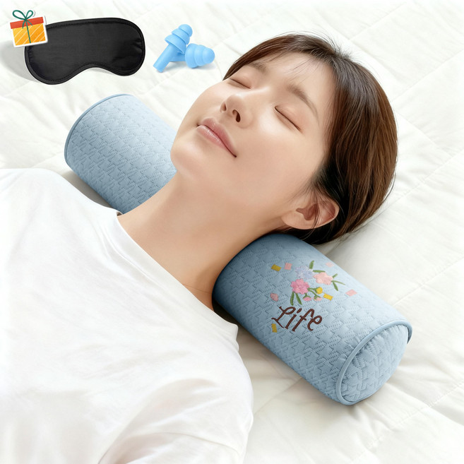 Norvee 인체공학 메밀 경추베개 3D 자수 디테일 높이조절 목지지 숙면 베개, 블루, 1개