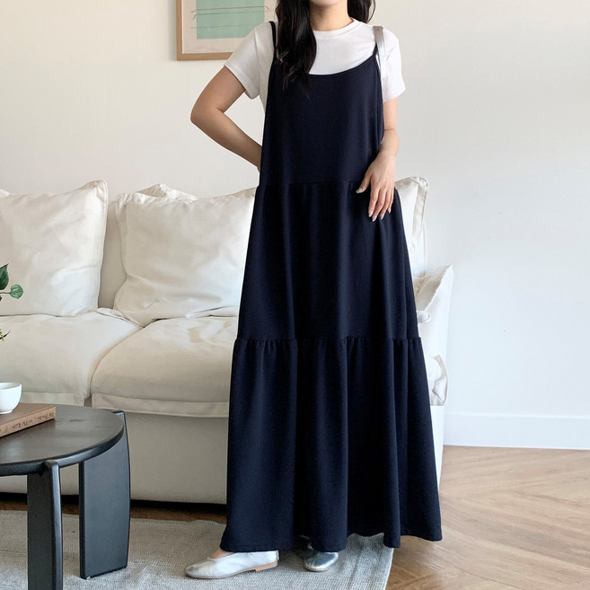 더한땀 빅사이즈 뒷리본 캉캉 레이어드 나시 롱 원피스