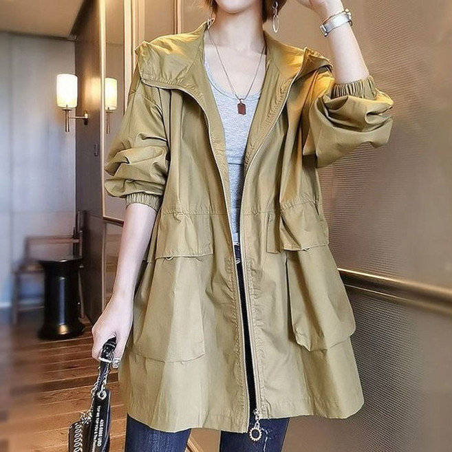 3xl까지 빅사이즈 중년여성복 루즈핏 캐주얼 트렌치코트 후드 집업 자켓 빅포켓 루즈핏 하프 기장 a라인 바람막이 점퍼