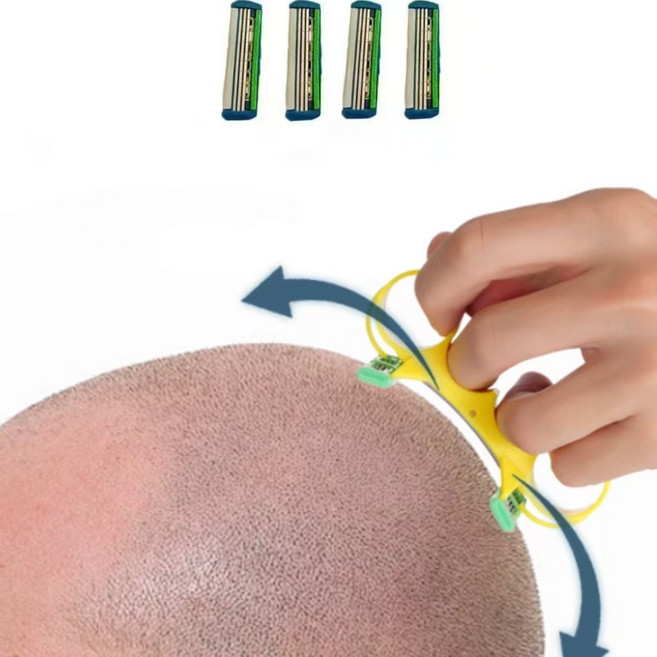 빠른 이발 민머리 대머리 면도기 삭발면도기 이발면도기 두피삭발면도기 +면도날4p 세트(스킨헤드 남성을 위해 특별히 설계된 머리 스타일 유지 필수 제품), 노란색, 1개