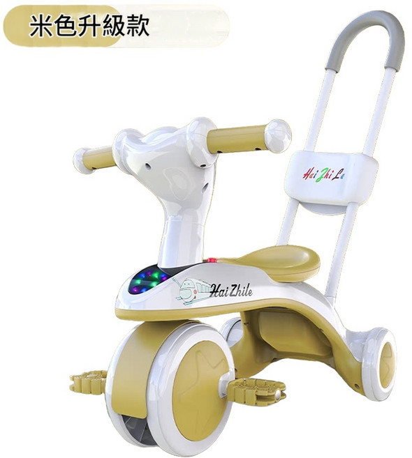 MAIZHILE 兒童三輪車 1-3歲可坐騎 手推平衡車, 麥金色 雙層耐磨車身 加厚耐磨車輪 音樂燈光 推把, 1個