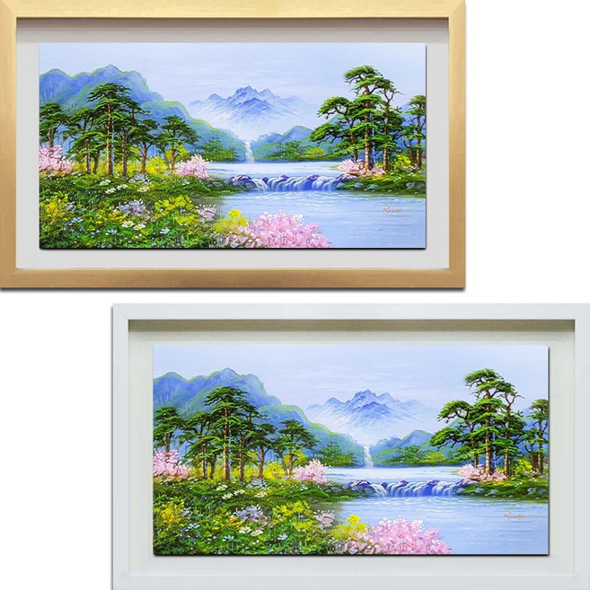 (진품) 공관웅 화백 유명 화가분이 직접 그린 진품 생기 풍경화 그림 부자되는 배산임수 산수화 풍경 액자 풍수 유화 그림 현관 거실 사업장 침실 사무실, 3번 고급 화이트 입체액자