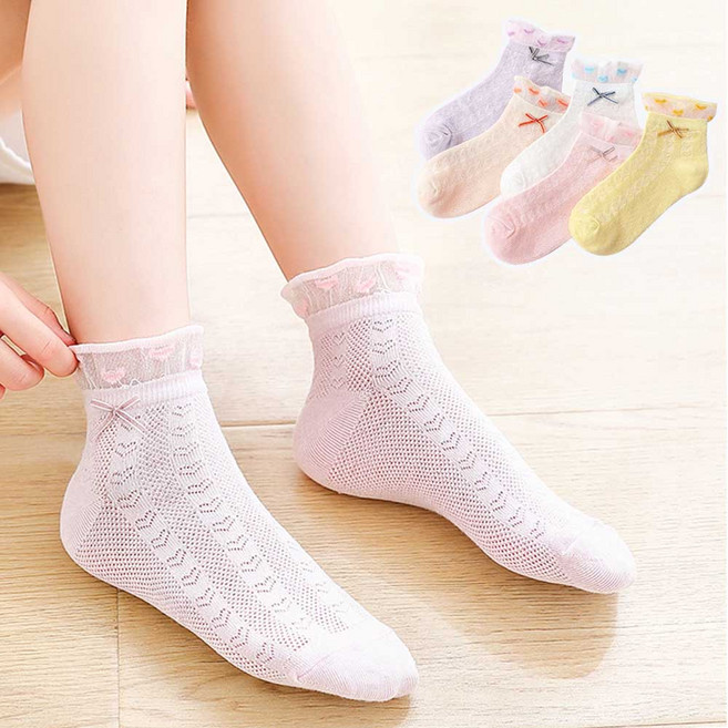 뿜뿜삭스 예쁜 하트 리본 레이스 아동양말 여아 5켤레 세트 CB75