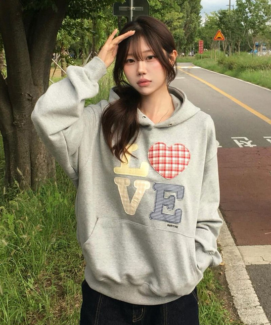 MIMTHEWARDROBE 헬로 월드 패치워크 LVE 후드티_그레이