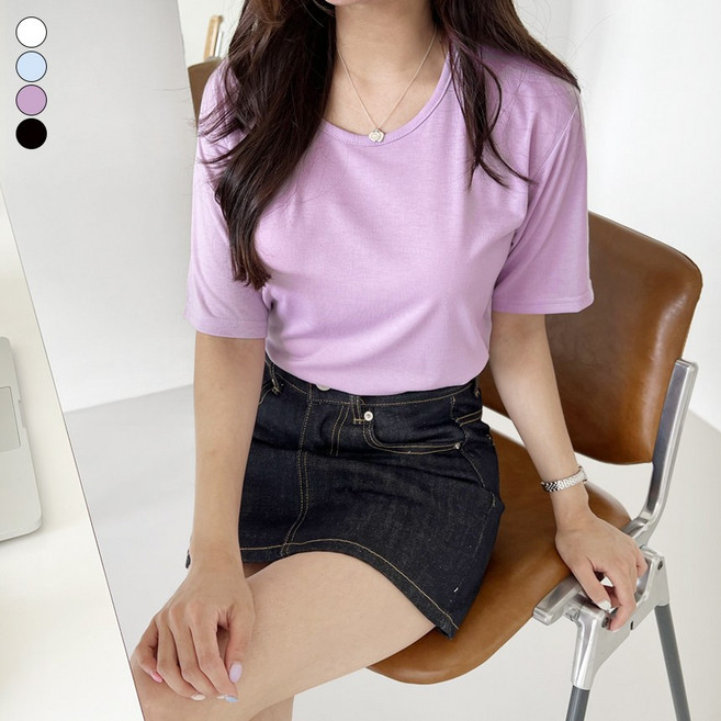 가비진 여성용 부드러운 촉감의 무지 단색 랍빠 라운드넥 반소매 티셔츠 반팔티 기본티