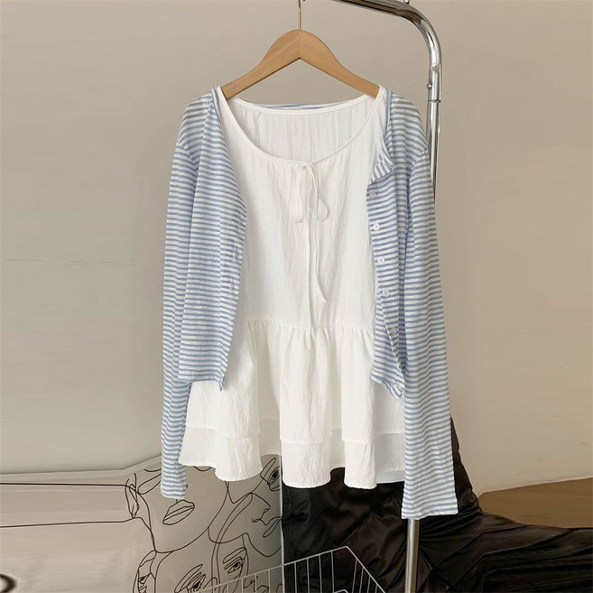 TKX 여성 투피스 스트라이프 가디건 민소매 탑 세트 심플 데일리 여름 햇빛 차단