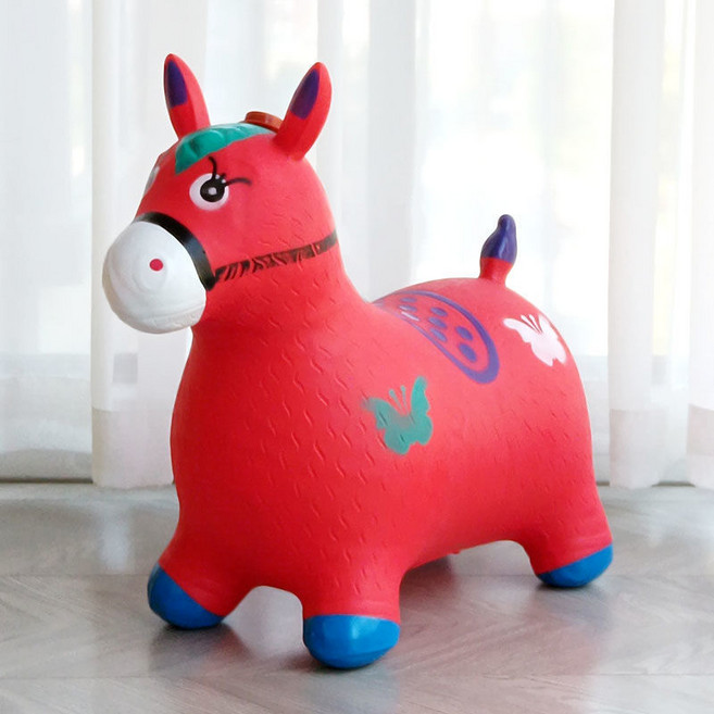 跳跳馬兒童充氣玩具加大加厚帶音樂皮馬寶寶騎馬跳跳鹿小馬坐騎, 1個, 100首音樂彩繪紅馬+氣泵:如圖