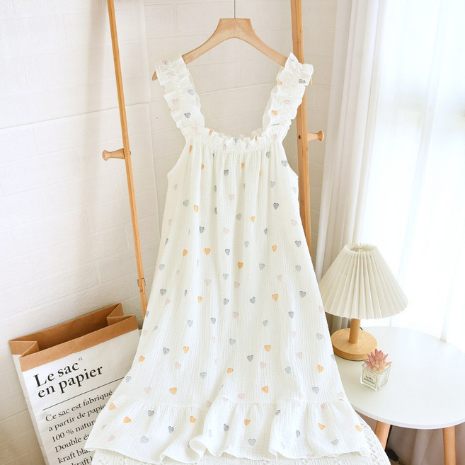 아르앤유 여자 순면 더블거즈 여성 민소매 원피스 잠옷 프릴 홈웨어 파자마