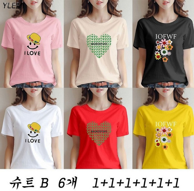 YLEMI 1+1+1+1+1+1 여성 여름 반팔 멀티 티셔츠 라운드넥 와이드 빅사이즈 세트 6장