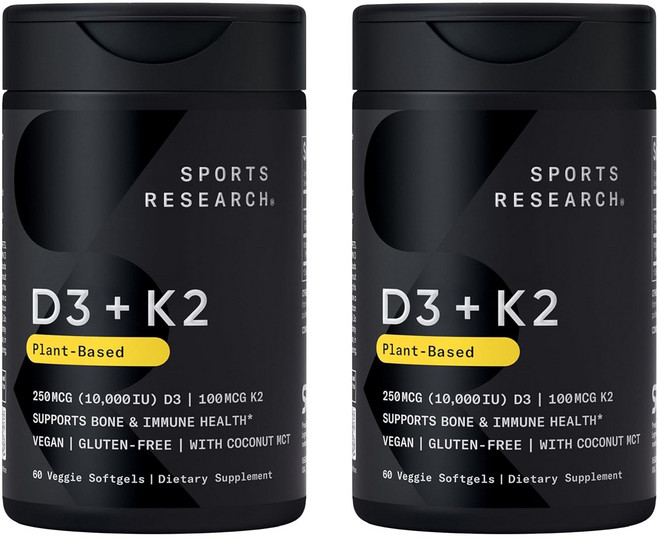 스포츠리서치 D3 250mcg + K2 100mcg 플랜트-베이스드 베지 소프트젤, 2개, 60정