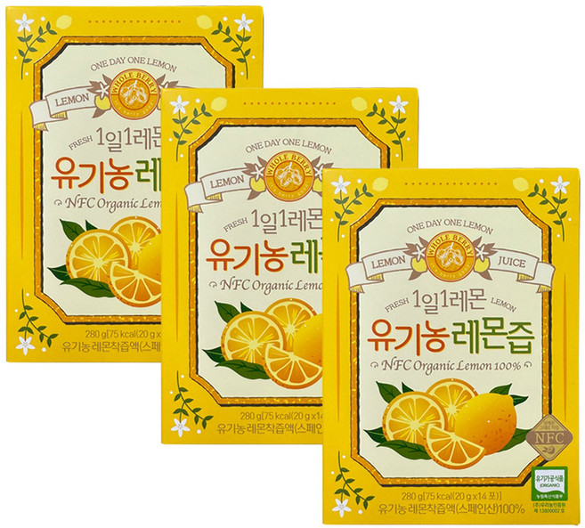 홀베리 1일1레몬 100% 유기농 레몬즙 14포, 280g, 3개