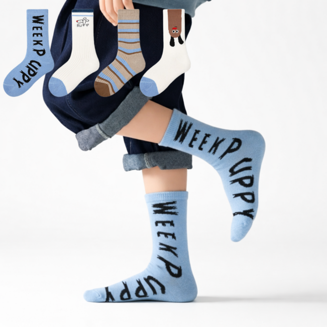 아동용 어린이 스카이블루 강아지 중목 양말4 켤레 세트