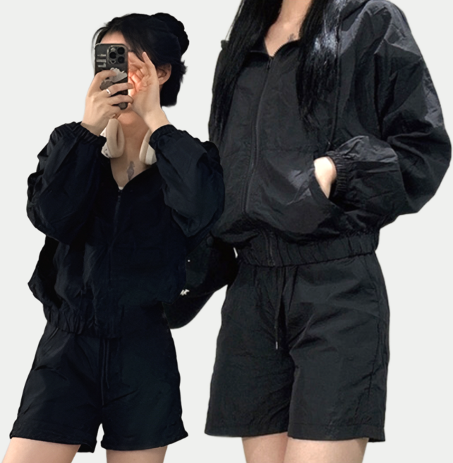 바스락 여성 후드 바람막이 반바지 트레이닝 운동복 세트