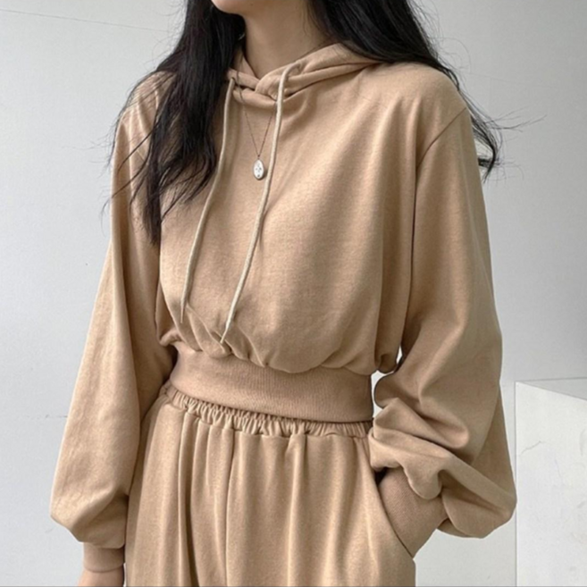 나인테일 겨울 캐주얼 기모 트레이닝복 스트릿룩 무지 크롭 후드티 하이 웨스트 와이드 밴딩 바지 세트6컬러