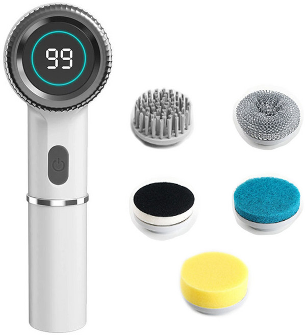 Detao 무선 청소 브러쉬 5종 세트 욕실 청소기 자동차 청소솔 1200mAh 배터리 LED 디스플레이 포함, 화이트