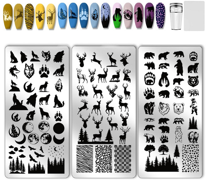 스테인리스 네일 아트 스텐실 실리콘 스탬프 및 스크래퍼 포함 디자인 패턴 프린팅 네일 재료 DIY, 1개, 숲 동물 실루엣