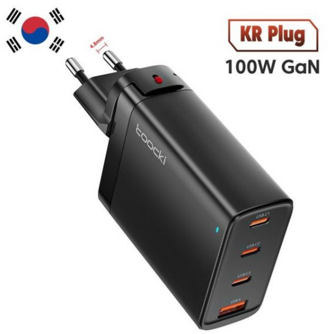 Toocki-USB C GaN 충자동 PD 고속 100W 아이폰호환 14 13 12 11 프로 맥스용 QC3.0 유형 어댑터, 100W 3C1A KR Black, 1개