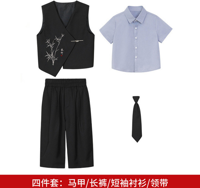兒童西裝馬甲套裝，新中式國風刺繡設計，適合表演禮服與主持演出
