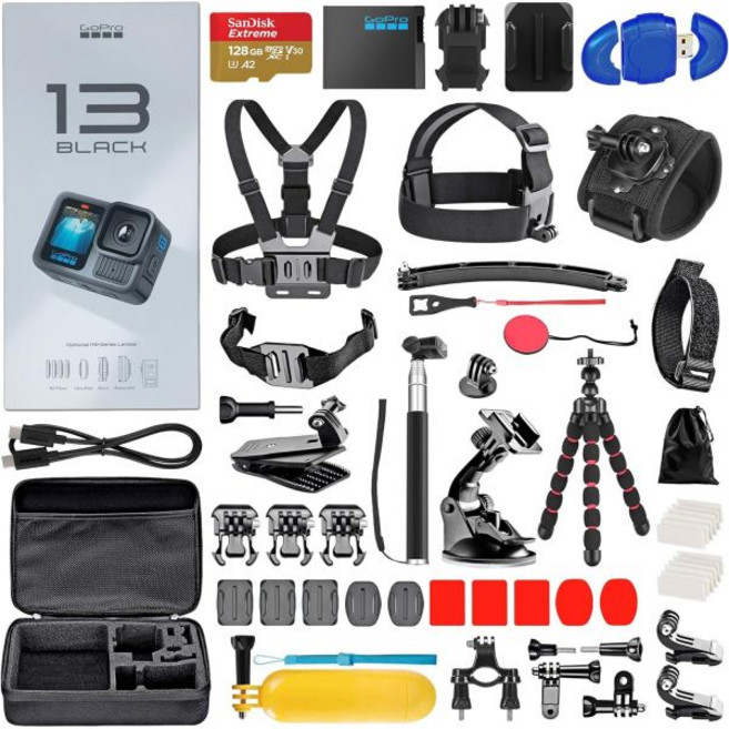 GoPro HERO13 (히어로 13) 블랙 - 5.3K 27MP 사진 라이브 스트리밍 웹캠 안정화 + 128GB 카드 카드 리더기 50피스 액세서리 키트 포함 방수, GoPro HERO13 (히어로 13) 블랙 5.3K