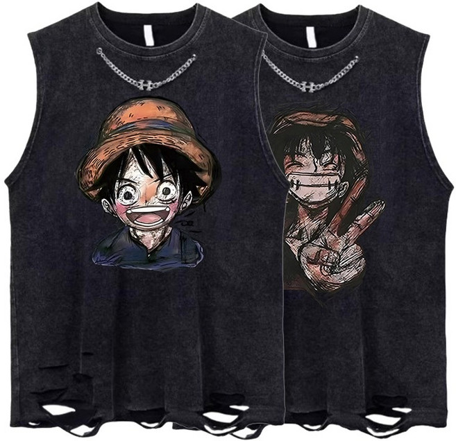 다크스타 루피 데미지 빈티지 나시티 100-110 만화 원피스 민소매 티셔츠 (+탈부착 체인 목걸이)