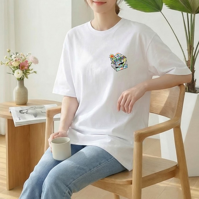 스타일아유 여성 컬러 큐브 프린팅 오버핏 반팔티 고중량 240g 컴팩트 면100% 레터링 라운드 루즈핏 티셔츠 면티 롱티셔츠 2026 여름신상 TS3953