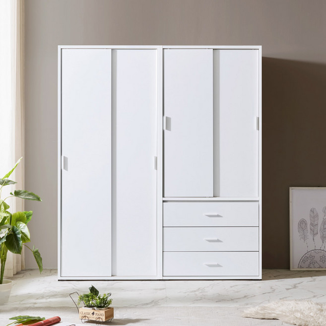 솜씨방 루디아 친환경 E0 1600 슬라이딩 옷장 세트 (긴문장+서랍옷장), 화이트, 02-1_루디아 이불장 + 서랍옷장