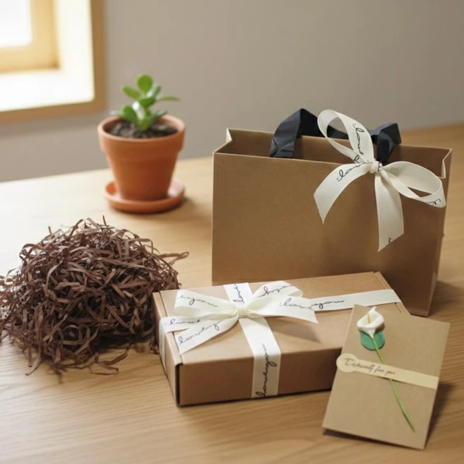 클라이트 감성 리본 크래프트 박스 + 쇼핑백 답례품 기념일 선물 포장 세트, 1개 - 쿠팡