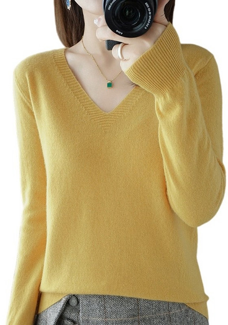 여성 기본핏 브이넥 데일리룩 비스코스 부드러운 긴팔 니트 Knitted T-shirt G262