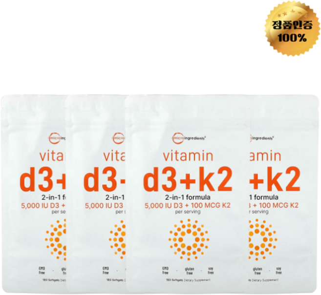 2+2 마이크로인그리디언츠 비타민D3 비타민K2 5000IU 소프트젤 180정, 4개
