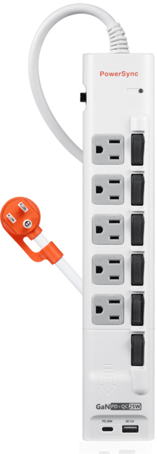 群加延長線 3P六開5插 GaN快充 USB A Type C 25W快速充電延長線-TS65Q918, 1個, 180cm, 白色
