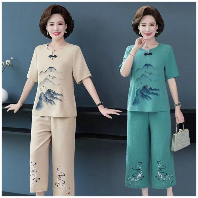時尚媽媽裝夏裝棉麻休閒套裝 韓版氣質中老年人女裝 中式奶奶