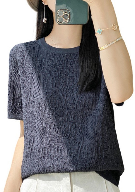 여름 반팔 니트 티 여성 시원한 자카드 반팔티 데일리룩 C7204